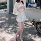 Set: Long-sleeve Printed Sheer Chiffon Shirt + Wide-leg Shorts
