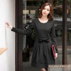 Long-sleeve Bow-accent Pleated Dress