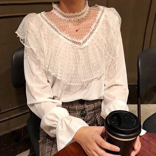 Ruffle-trim Lace Panel Velvet Blouse
