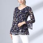 Print Bell-sleeve Chiffon Blouse