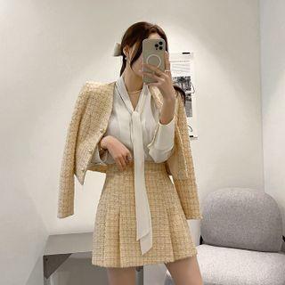 Set: V-neck Tweed Jacket + Box-pleated Miniskirt
