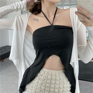 Halter Plain Irregular Tank Top / Long Sleeve Plain Cardigan
