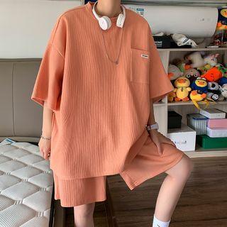 Set: Elbow-sleeve Lettering Front Pocket T-shirt + Wide Leg Shorts