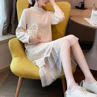 Mesh Hem Mock-turtleneck A-line Knit Dress