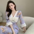 Elbow-sleeve Bow Floral Print Midi Sheath Dress