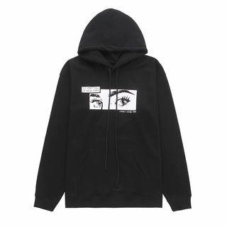 Long-sleeve Print Hooded Loose-fit Top Black - One Size