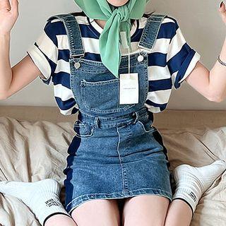 Denim Mini Overall Dress / Short-sleeve Striped T-shirt