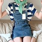 Denim Mini Overall Dress / Short-sleeve Striped T-shirt