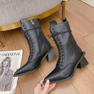 Lace Up Block Heel Pointed Short Boots