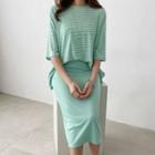 Set: Elbow-sleeve Stripe T-shirt + Midi Skirt