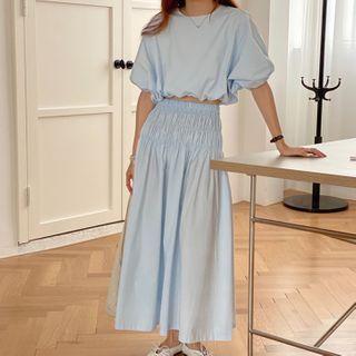 Set: Puff Short-sleeve Top + A-line Midi Skirt