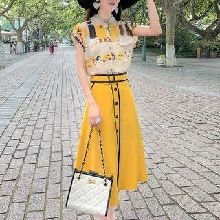 Set: Short-sleeve Print Blouse + Midi Skirt