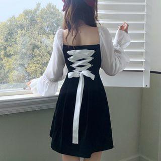 Contrast Color Long-sleeve Lace-up Back Mini A-line Dress
