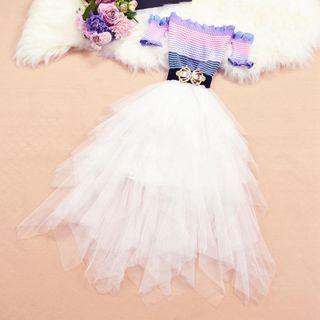 Off-shoulder Striped A-line Mesh Dress