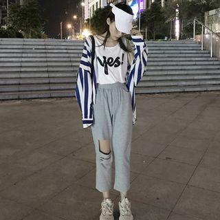 Striped Shirt / Lettering Tank Top / Cut Out Sweatpants