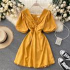 Knotted V-neck Puff-sleeve Dress