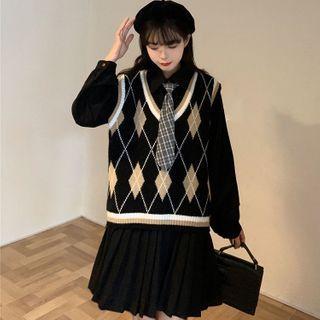 Argyle Sweater Vest / Long-sleeve Mini Shirtdress / Tie / Set