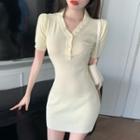 Short-sleeve Half-button Mini Sheath Knit Dress