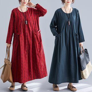 Gingham Long-sleeve Maxi A-line Dress