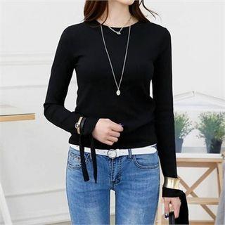 Round-neck Tie-sleeve Ribbed Top