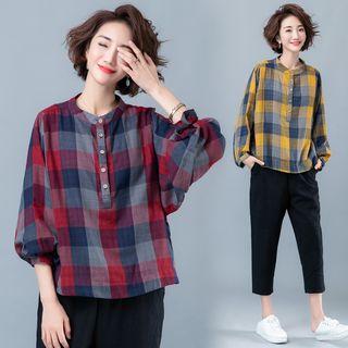 Long-sleeve Plaid Half-button Shirt
