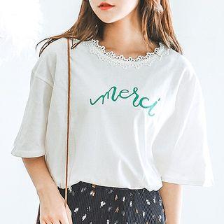 Elbow-sleeve Lace-trim Letter T-shirt
