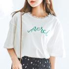 Elbow-sleeve Lace-trim Letter T-shirt