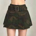 Camouflage Print Belted Pleated Mini A-line Skirt