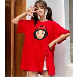 Elbow-sleeve Applique Frill-trim Top