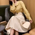 Balloon-sleeve Blouse / Buttoned Midi A-line Skirt / Set