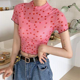Short-sleeve Heart Pattern Top Pink - One Size