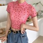 Short-sleeve Heart Pattern Top Pink - One Size