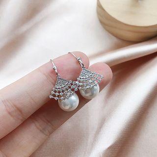 925 Sterling Silver Faux Pearl & Fan Earring 925 Silver - Fan & Bead - Silver - One Size