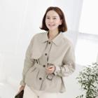 Flap-front Shirred-sleeve Trench Jacket With Belt