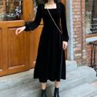 Long-sleeve Square-neck Midi A-line Velvet Dress Black - One Size