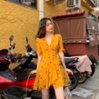 Elbow-sleeve Fruit Print V-neck Dress