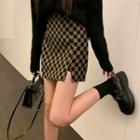 High-waist Chessboard Slit A-line Mini Skirt