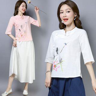 Elbow-sleeve Print Mandarin-neck Top