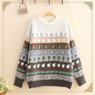 Sheep Jacquard Round-neck Sweater As Shown In Figure - One Size