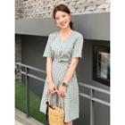 V-neck Wrap-front Plaid Shirtdress