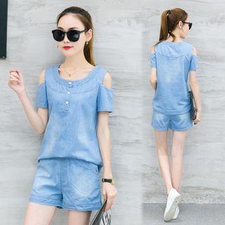Set: Cutout Denim Top + Shorts