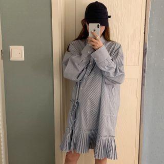 Long-sleeve Striped Pleated Shirtdress As Shown In Figure - One Size