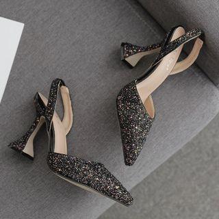 Pointy Sequined Slingback High Heel Sandals