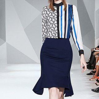 Set: Striped Panel Shirt + Ruffle Hem Pencil Skirt