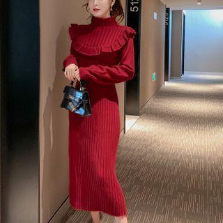 Ruffle Trim Mock Neck Knit Midi Dress