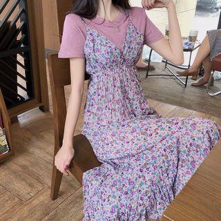 Plain Loose-fit Short-sleeve T-shirt / Floral Sleeveless Dress