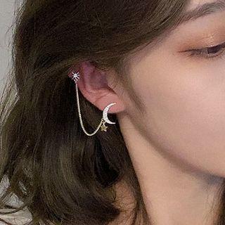 Rhinestone Moon & Star Chained Earring 1 Pc - Gold - One Size