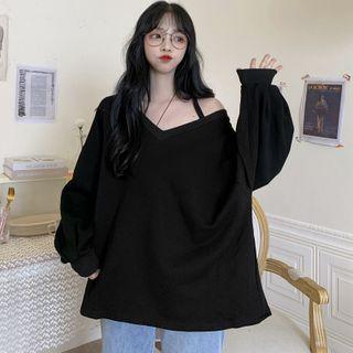 One Shoulder V-neck Plain Sweatshirt