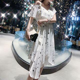 Cold Shoulder Star Pattern A-line Midi Dress
