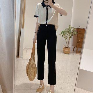 Set: Short-sleeve Collar Top + Straight Leg Pants